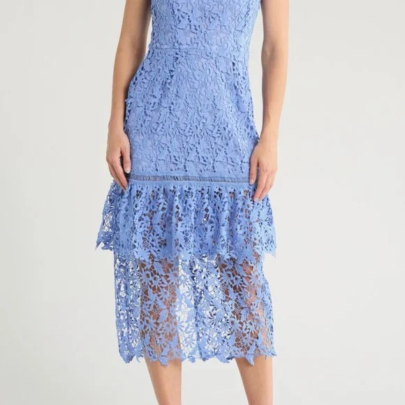 New Women’s NSR Floral Lace Tiered Midi A-line Dress Size M Cornflower Blue - Picture 3 of 11